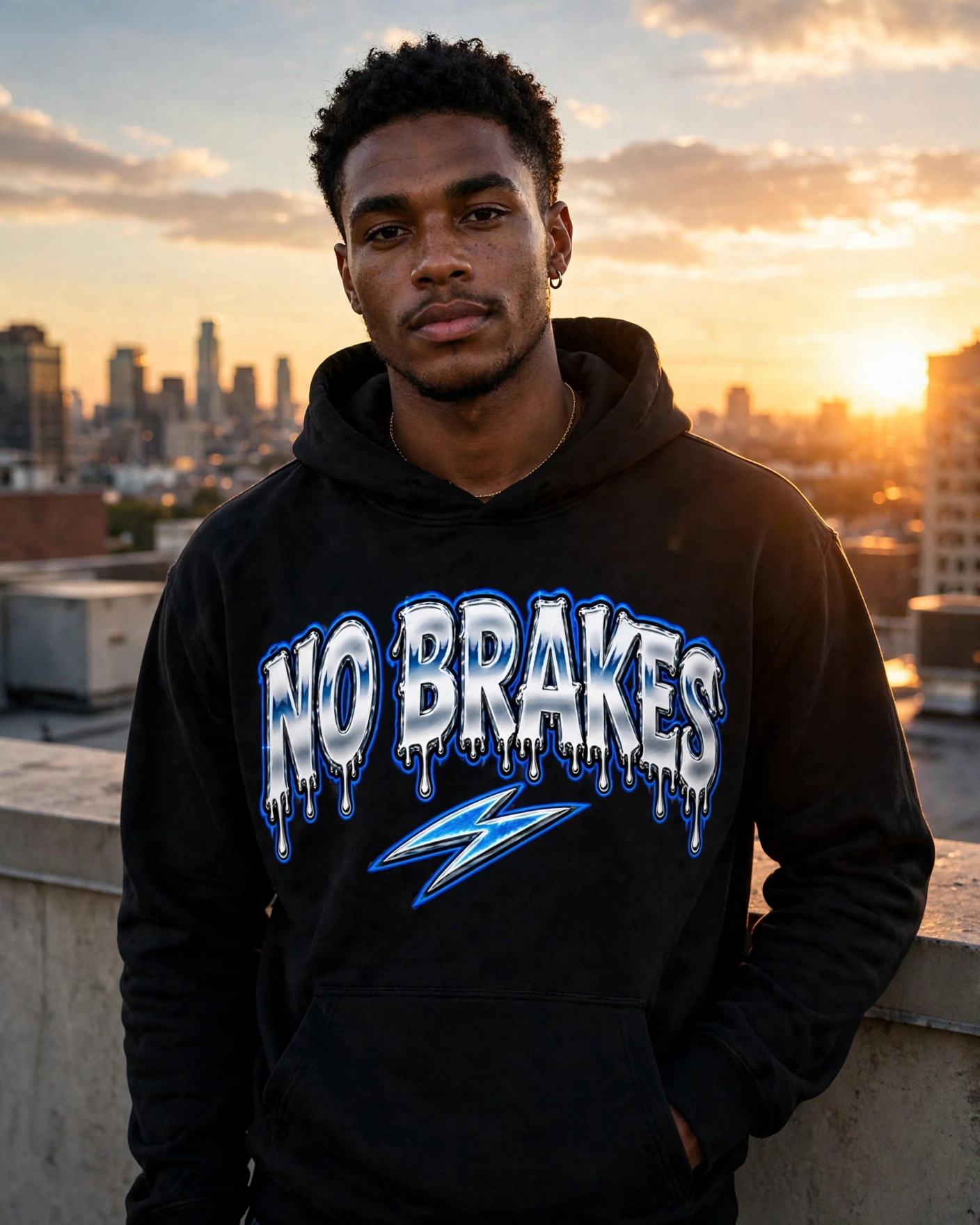Person on a rooftop at golden hour wearing the black NO BRAKES hoodie with chrome-blue dripping graphic
